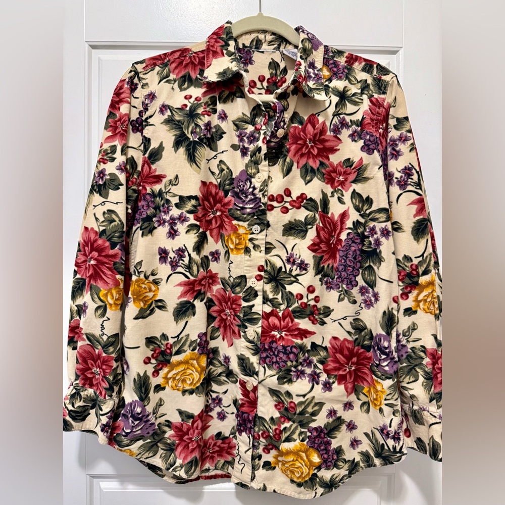 Woman’s Floral corduroy Button Up Blouse,sz Med,100% Cotton,Country,Cottagecore